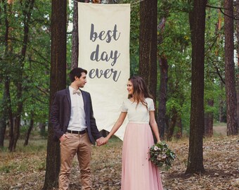 Wedding Banner 6ft Tall Best Day Ever, Whimsical Rustic Wedding Decor Sign, Handmade with Unbleached Canvas, Giant Photo Prop Scroll