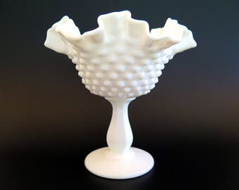 Vintage Fenton Milk Glass Hobnail Compote Footed Candy Dish