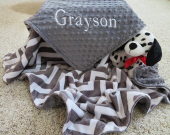 Minky Baby Blanket, Personalized Baby Boy Blanket, Gray Chevron Baby Boy Blanket, Baby Gift, Baby Shower Gift, Minky Baby Blankets