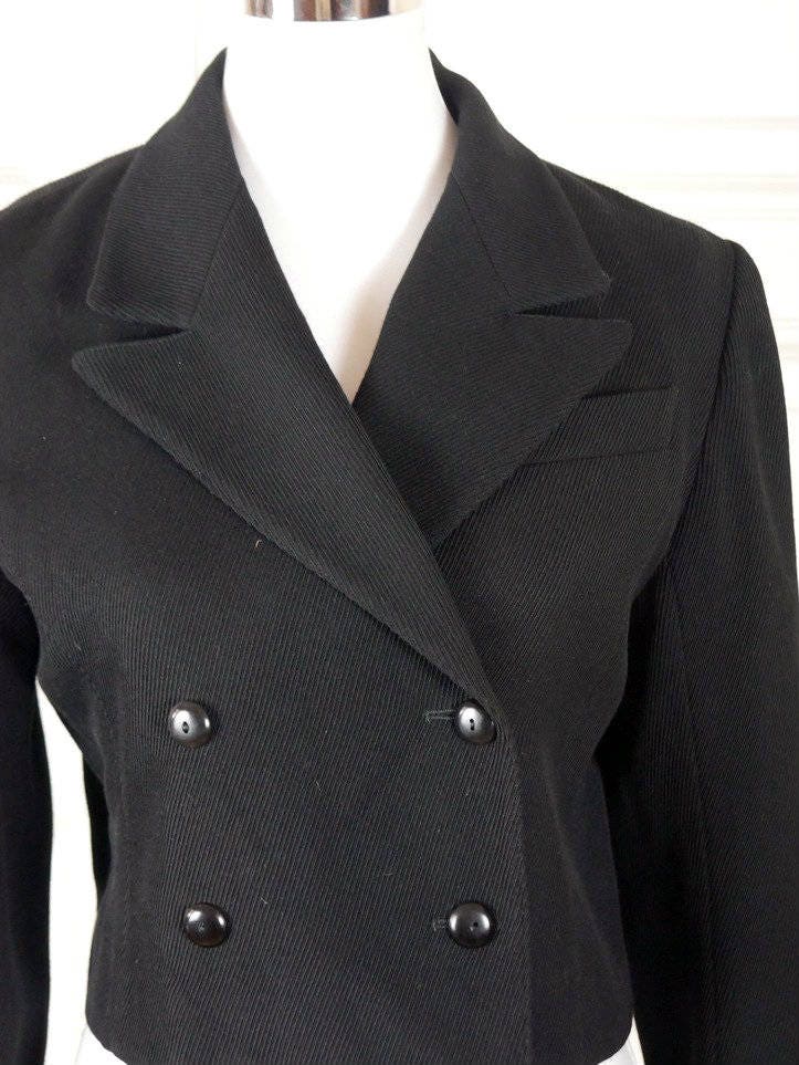 French Vintage Women's Blazer Black Wool Fine Corduroy