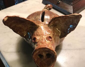 Vintage folkart stoneware pottery piggy bank