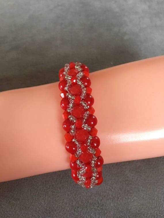 Red beads and crystals with silver embellishment beaded