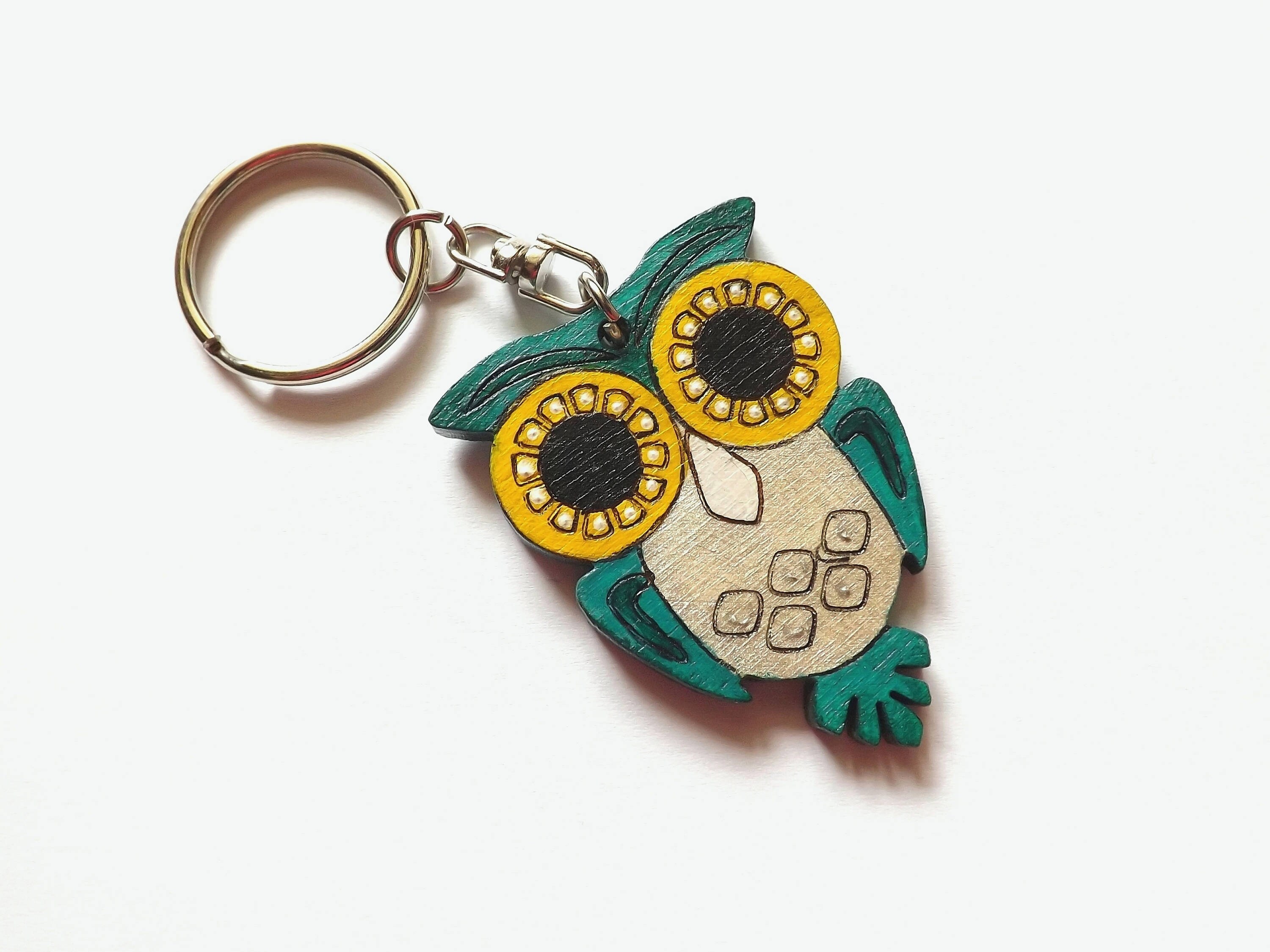 Wood Keychain Owl Big Eyes In Aquamarine Hand Painted Gift For Her Wood Keychain Owl Big Eyes In Aquamarine Hand Painted Gift For Her