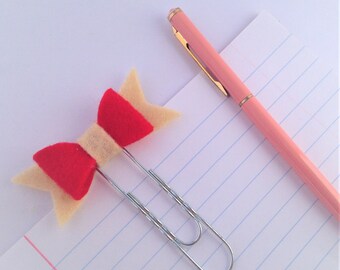 Red and cream felt bow large paper clips, cute kawaii stationery accessories, planner and notebook clip, gift for organised journals,