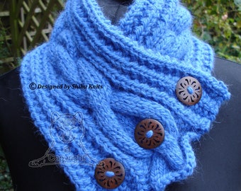 Alpaca Neck Warmer, Blue Knitted Scarf, Cabled Neck Warmer, Cabled Scarf, Womens Neck Warmer, Buttoned Neck Scarf, Handknitted Scarf, Blue
