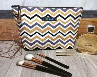 Large Deep Cosmetic Bag, Make up Bag, Toiletry Bag, Travel Bag, Large Makeup Bag, Made in Australia, Black, Gold, Grey and White Chevron.