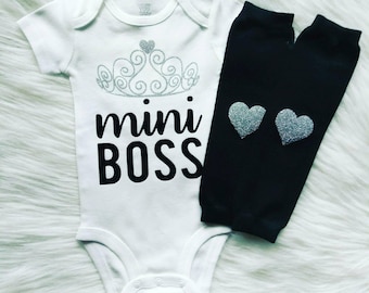 Mini boss bodysuit, bodysuit and leg warmer set, Cute girls bodysuit