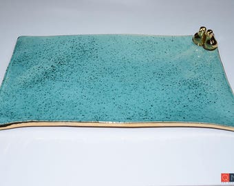 Gold-birds Platter, Large Rectangular Turquoise Plate, Handmade Luxury Ceramic, Melbourne
