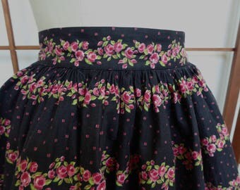 Vintage Black Floral Print Half Apron - Large Waist