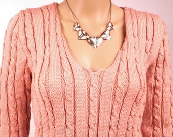 Sweater-women-neck V - knit is hand-made in France-wool-color old Rose-size38 - 0164