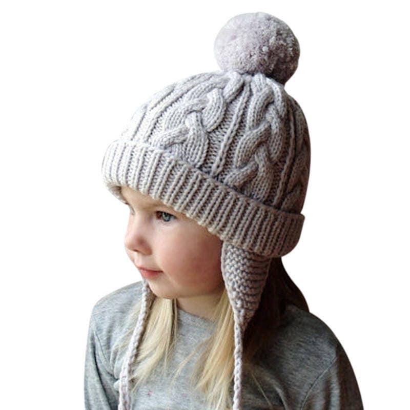 Wool Knitted Kids Pom Pom Hat Baby Boys Girls Winter Cap baby