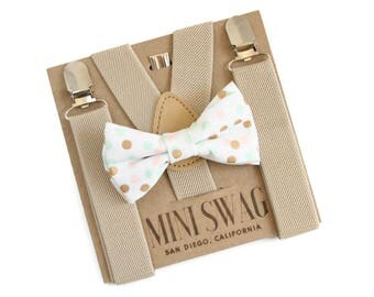 Baby Boy First Birthday Outfit, Cake Smash Outfit, Bowtie Suspenders, Tan Beige Toddler Suspenders, Boys Bow Tie and Suspenders, Boys Gift