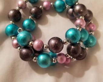 Pink, Teal, & Silver Wrap Bracelet, Glass beads, Nickel-free Memory Wire. BR13