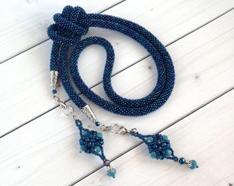 Blue necklace Long Seed Beaded Removable pendants Lariat Transformer Necklace Statement Beadwork necklace Gift for woman Gift for her