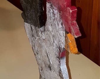 Primitive rooster, chicken, red, black, orange, roo, barnyard,