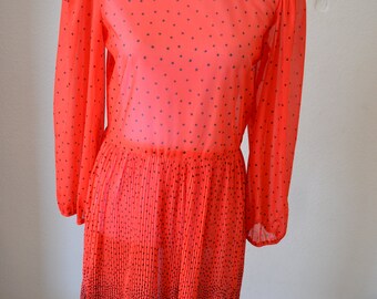 Vintage Dress Red Black Polka Dot Pleated Medium Large 1960s