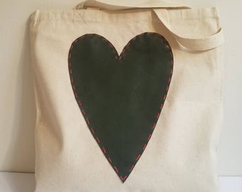 Natural Heavy Canvas Tote with Green Vegan Leather Heart and Scarlet Stitching