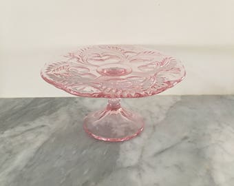 Blush Cake Plate w/ Antique look and engravings By Mosser Glass