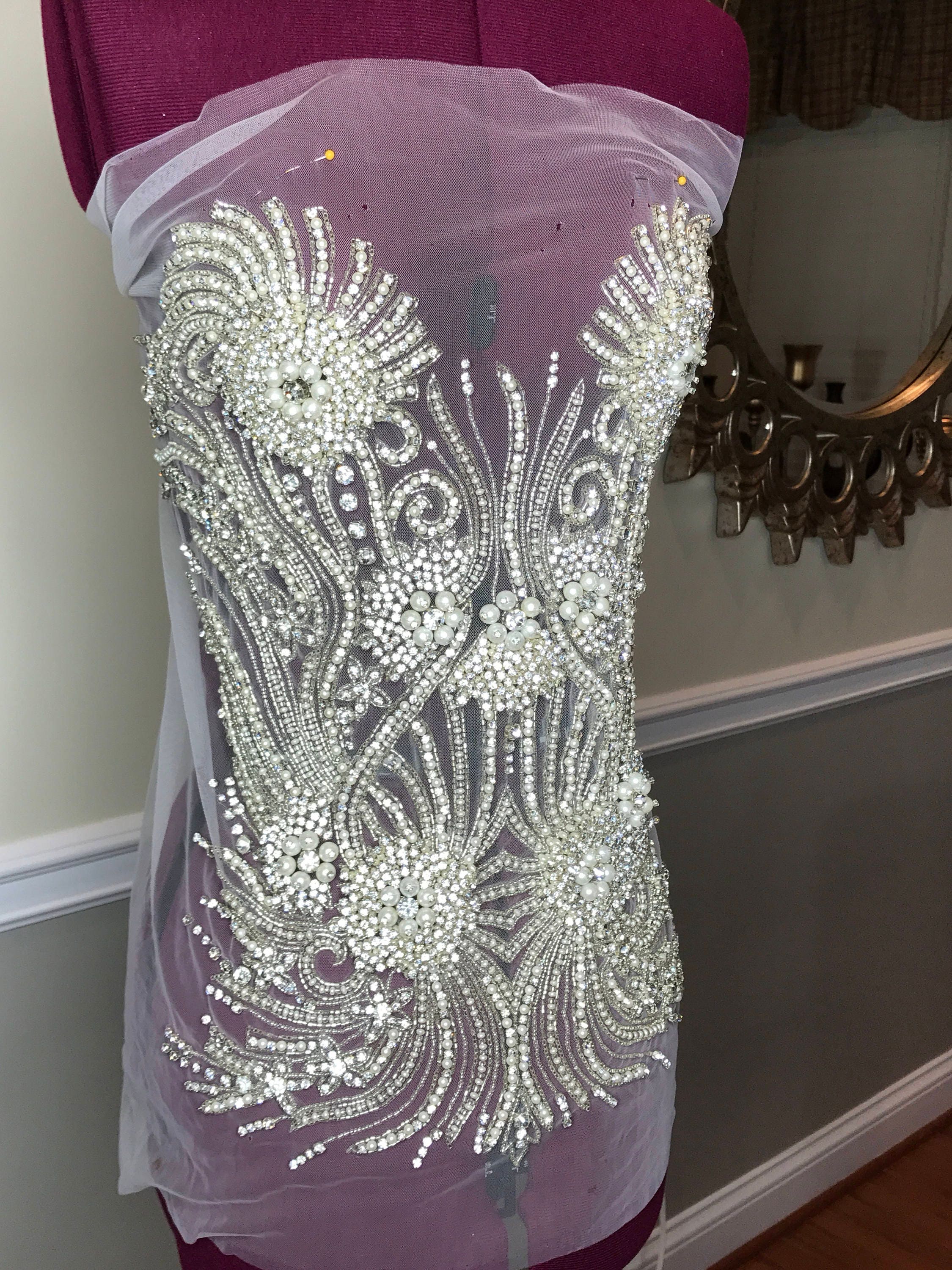 Heavy Rhinestone Beaded Applique Bridal Rhinestone Fabric