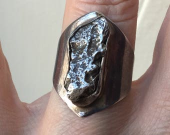 best price- RARE METEORITE RING- Vintage Sterling silver ring- Genuine huge Meteorite- Unique vi tage jewelry- Great effet!!!