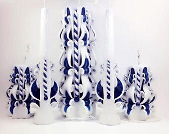 Carved Candles Wedding Set Carved candle Custom candle favors Unique Unity ceremony candle bougies de mariage bride candles White Blue color