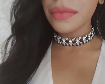 Black & Clear Statement Choker Necklace || Women's Rhinestone Jewellery