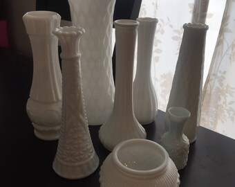Vintage white milk glass vases (set of 8)