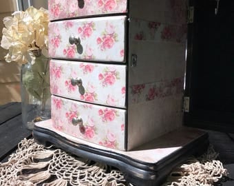 Black, vintage decoupaged shabby chic jewelry armoire