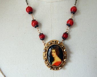 Portrait in Scarlet Vintage Repurposed Assemblage Bead Pendant Necklace