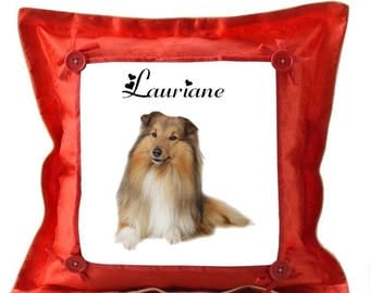 Red pillow personalized with name Collie dog