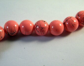 10 12 mm salmon striped black PV35 pink glass beads