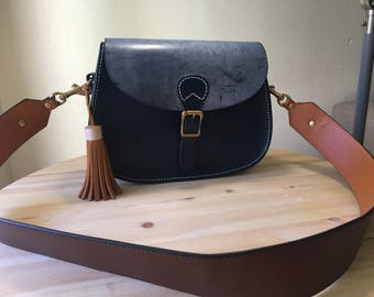 Blue handmade leather saddle bag