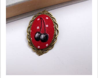 Brooch vintage cherry red "skewer me" fabric