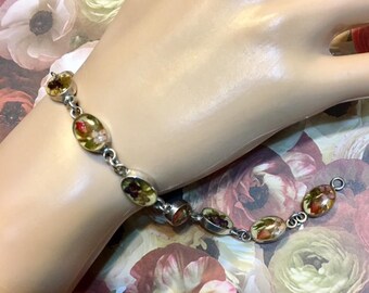 Vintage Sterling Silver Bracelet with Dried Flowers in Lucite