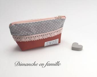 Mini zippered pouch in faux leather and cotton