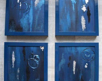 Abstract painting blue, silver and black