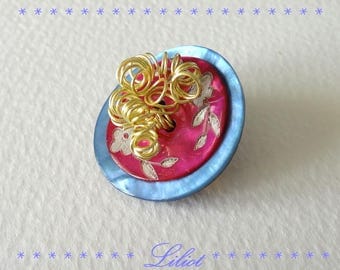Brooch original fuchsia, blue and gold