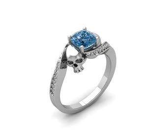 two skull handmade 210ct cushion sky blue cubic zirconia stone handmade engagement wedding ring set - Skull Wedding Ring Sets two skull handmade 210ct cushion sky blue cubic zirconia stone handmade engagement wedding ring set - Skull Wedding Ring Sets