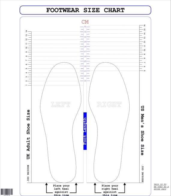 UK Adult&Us Men's / CM printable shoe size chart foot