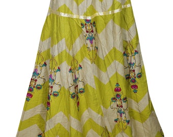 Flared Tall Summer Skirt Yellow Printed Rayon Gypsy Hippie Chic Boho A-Line Comfy Skirts S/M
