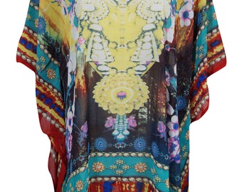 Everlasting JEWEL Print Short Caftan Dress Beach Bikini Cover Up Sheer Sexy Resort Wear One Size