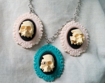 Pastel Sugary Skull Triple Skull And Cameo Necklace by Ugly Shyla OOAK - Handmade Jewelry - Skull Jewelry - Skull Necklace - Gothic Cameo