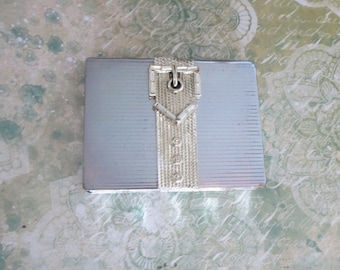 Vintage Deco Volupte Compact in Silvertone Moderne Style Buckle and Rhinestone Accent Mirror and Hidden Compartment, Original Volupte Puff