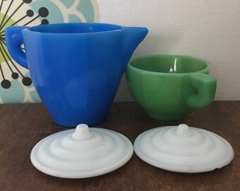 Vintage Akro Agate Child's Tea Set Pieces, Pitcher, Teacup, 2 Lids Slag Glass