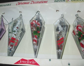 Vintage 50s Jewelbrite Candy Cane and Tree Plastic Prism Christmas Ornaments with Box