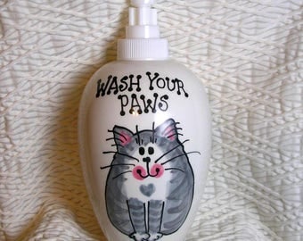 Smiling Gray Cat Soap Dispenser Wash Your Paws Handmade Ceramic by Grace M Smith