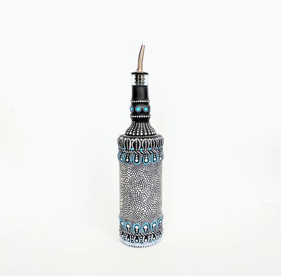 Black and White Painted bottle with spout olive oil bottle
