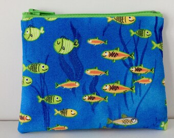 Fun Fish Coin Purse - Ocean Theme Cotton Change Purse - Small Zipper Pouch