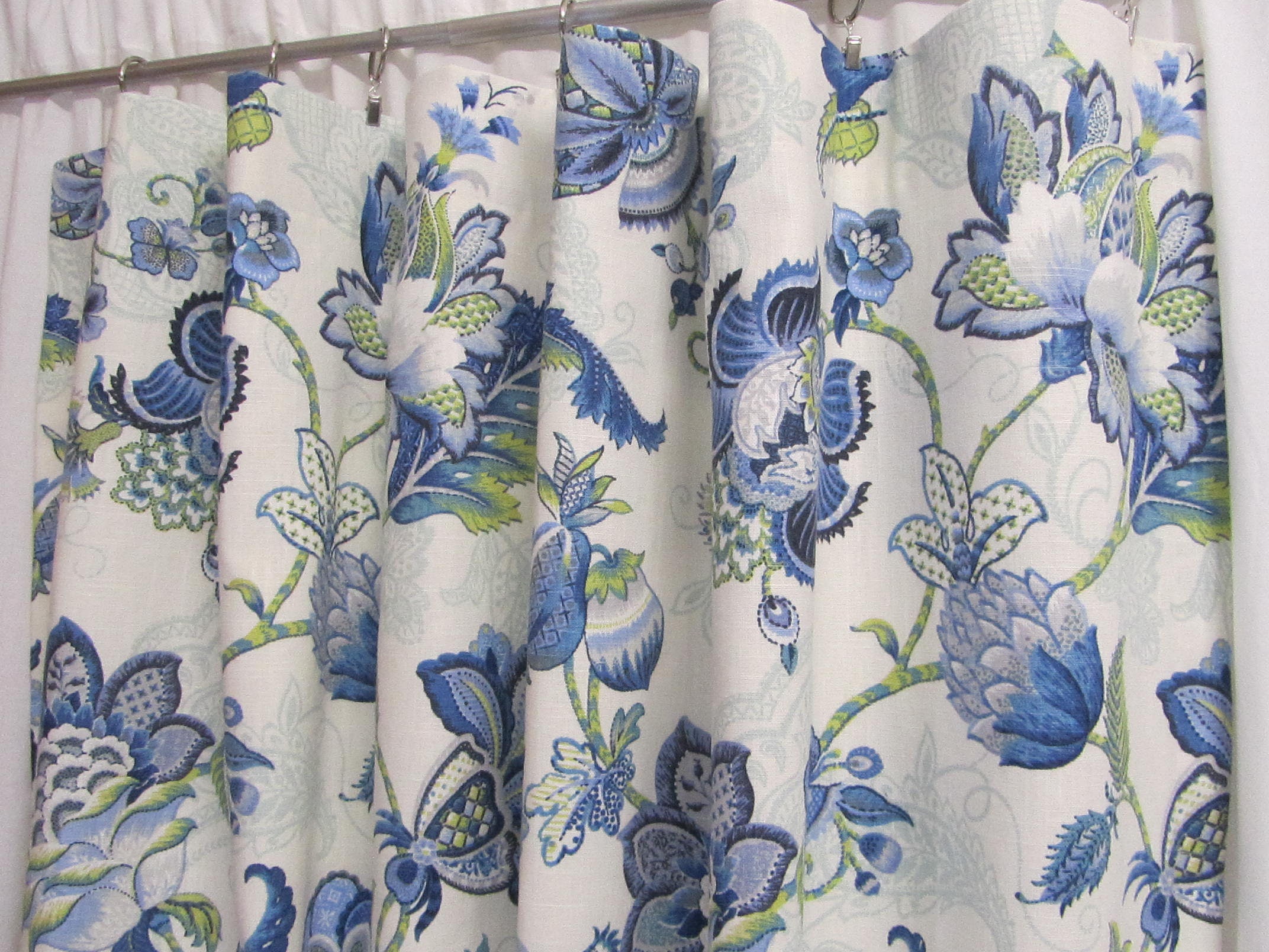 Blue Chartreuse Window Curtains Jacobean Floral Drapes