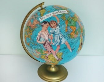 Handmade Altered Art Vintage Globe with Decoupaged Images of Children from a 1940s Primer, Cram's Imperial World Globe